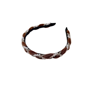 Braided velvet headband with artificial pearls and rhinestones in dark coffee brown