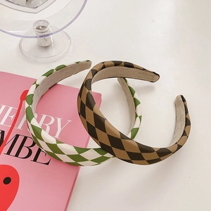 Trendy checkerboard wide sponge headband with green and brown grid cloth hair accessory