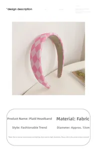 Detail of pink checkerboard fabric headband featuring non-slip grey lining and 13cm diameter