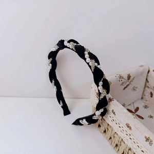 Velvet braided headband for women in black with faux pearls and sparkling rhinestones