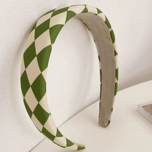 Green and white checkerboard wide fabric headband with sponge padding for women