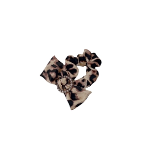 Leopard print bow scrunchie with sparkling rhinestone metal ring hair accessory