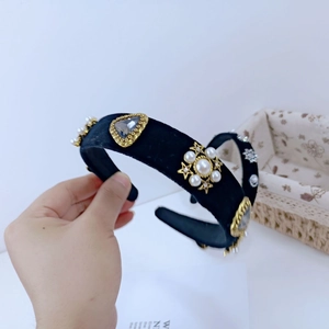 Baroque black velvet wide headband with pearls, grey heart crystals, and gold stars