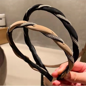 Women French Retro Braided Rhinestone Headband Elegant Twisted Fabric Hair Hoop Hand-Woven Hair Accessories For Daily Use