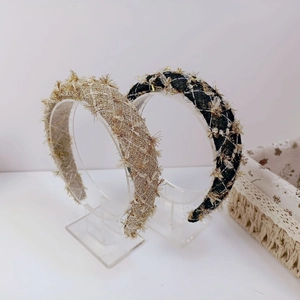 French Tweed Plaid Wide Headband For Women Padded Sponge Hair Band With Gold Metallic Thread Fringe Elegant Hair Accessories