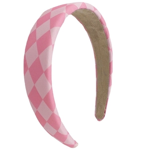 Pink checkered plaid padded headband with soft fleece lining for a trendy girls look