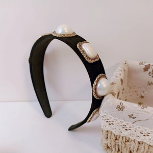 Vintage black velvet headband with white faux pearls and rectangular crystals in gold settings