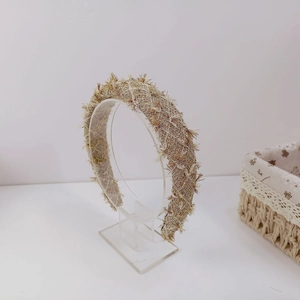 French tweed headband with beige woven fabric and gold threads for high cranial top