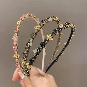 Elegant Rhinestone Artificial Pearl Gold Bead Headband Retro Thin Hair Hoop Headpiece Hair Accessories For Women Wedding Party Jewelry