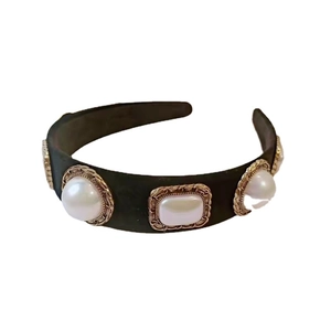 Baroque black velvet wide headband with large white pearls and gold accents