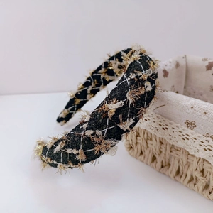 French style plaid headband with gold fringe and lace accents on white background
