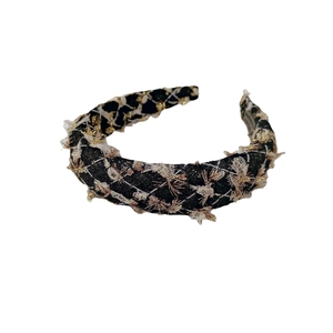 French style black padded headband with gold thread and white lace trim detail