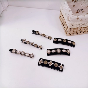 Baroque black fabric hair clips set with faux pearls and rhinestones for women
