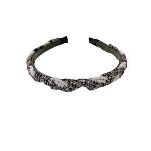 Tweed braided headband with pearls in black and white Korean style elegant hair accessory