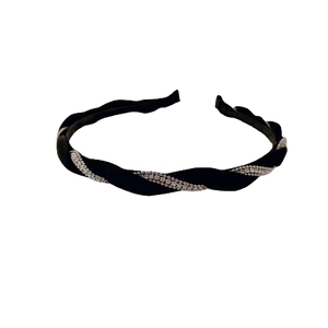 Braided black headband with silver rhinestones, elegant French style hair accessory for women