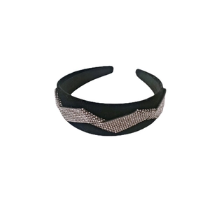 Elegant black velvet headband with luxury wavy rhinestone embellishments for women