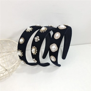Baroque black velvet headband set with vintage rhinestones and pearls for women