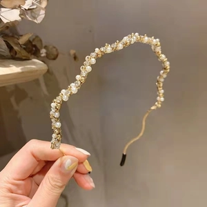 French Elegant Artificial Pearl Rhinestone Wavy Headband For Women Gold Alloy Thin Hair Band For Wedding Party Hair Accessories