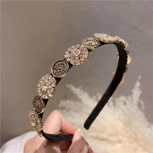 French vintage headband with clock dials and rhinestones on black velvet fabric