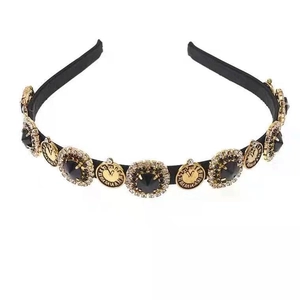 French vintage headband with golden clock dials and black rhinestones on white base
