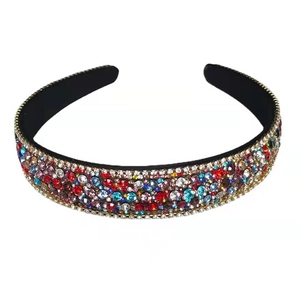 Chic wide headband with colorful rhinestones and sparkling crystals on black fabric