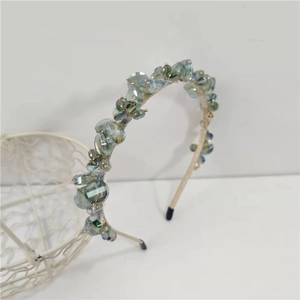 French style oversized crystal headband with grey-green faceted beads on white wire basket