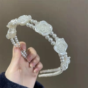 Vintage French Artificial Pearl Rose Headband For Women Elegant Double Layer White Flower Hair Hoop Wedding Party Hair Accessories