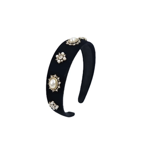Baroque velvet wide headband with vintage rhinestones and pearls on white background
