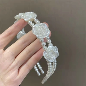 Elegant white double-layer pearl headband with three exquisite resin rose flowers