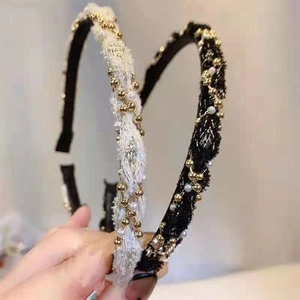 Elegant tweed headband set with pearls and gold beads for women's hair accessories
