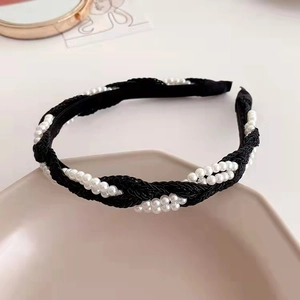 Elegant black woven headband with faux pearl embellishments in a French vintage style