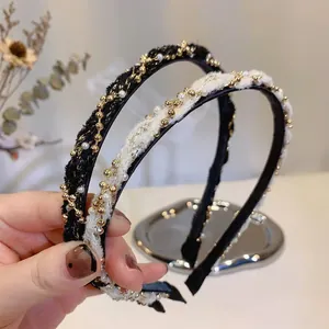 French Elegant Tweed Woven Hairband With Faux Artificial Pearls And Gold Beads Vintage Retro Plaid Headband For Women Hair Accessories