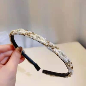 Elegant tweed headband with white faux pearls and gold beads for women's hair styling