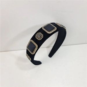 Baroque black velvet wide headband with square jewels and sparkling crystal accents