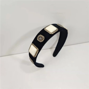 Baroque black velvet wide headband with vintage white gems and sparkling diamonds