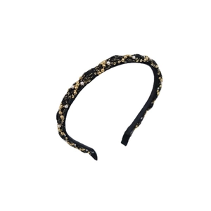 French vintage braided headband with gold beads and white pearls on black fabric base