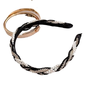 Elegant vintage braided headband with black satin, gold thread and white pearls for women