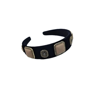 Baroque black velvet headband featuring sparkling square gems and radial rhinestones