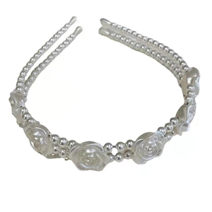 Elegant double-layered faux pearl headband with iridescent rose charms for women