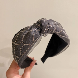 Vintage knotted rhinestone headband with grey mesh and sparkling crystals for women