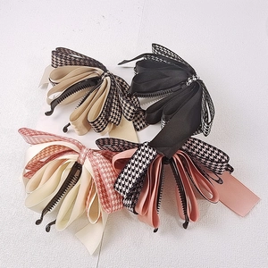 Pince Banane à Nœud Pied-de-poule Élégante Barrette à Cheveux Style Coréen Coiffe en Tissu Patchwork pour Femme Bijou de Tête