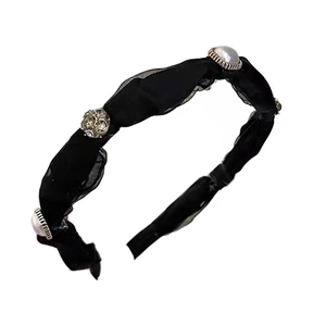 Elegant black mesh headband with white pearls and rhinestones for women hair styling