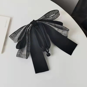 Elegant large black silk bow banana hair clip with silver glitter mesh for high ponytails