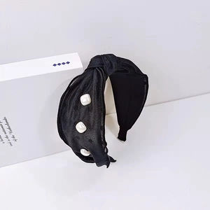 Fashionable black fabric knotted headband featuring elegant white square pearls for women