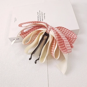 Barrette banane à nœud pied-de-poule rose pour femme avec ruban multicouche élégant