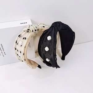 Vintage Satin Twist Knot Headband With Faux Artificial Pearl Accents Polka Dot Pattern Hair Hoop For Women Elegant Hair Accessory