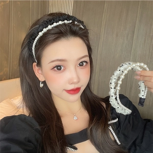 Elegant vintage French pearl headband with mesh and white polka dot tulle fabric