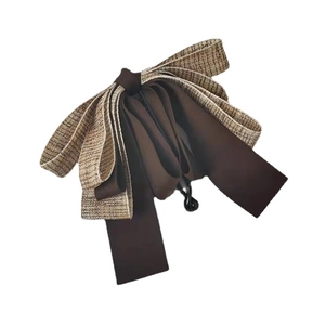 Retro multi-layer bow banana hair clip in brown tweed for high ponytail styles