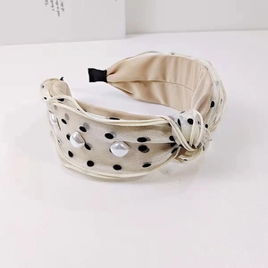 Champagne knotted headband with polka dot mesh and pearls for women hair styling