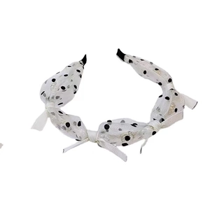 Serre-tête vintage français en organza à pois noirs avec petit nœud élégant